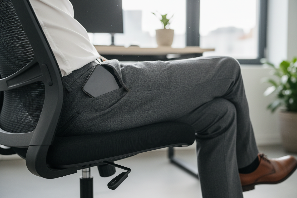 a close up on a man's leg, he is sitting in an office chair and clearly has a phone in his pocket