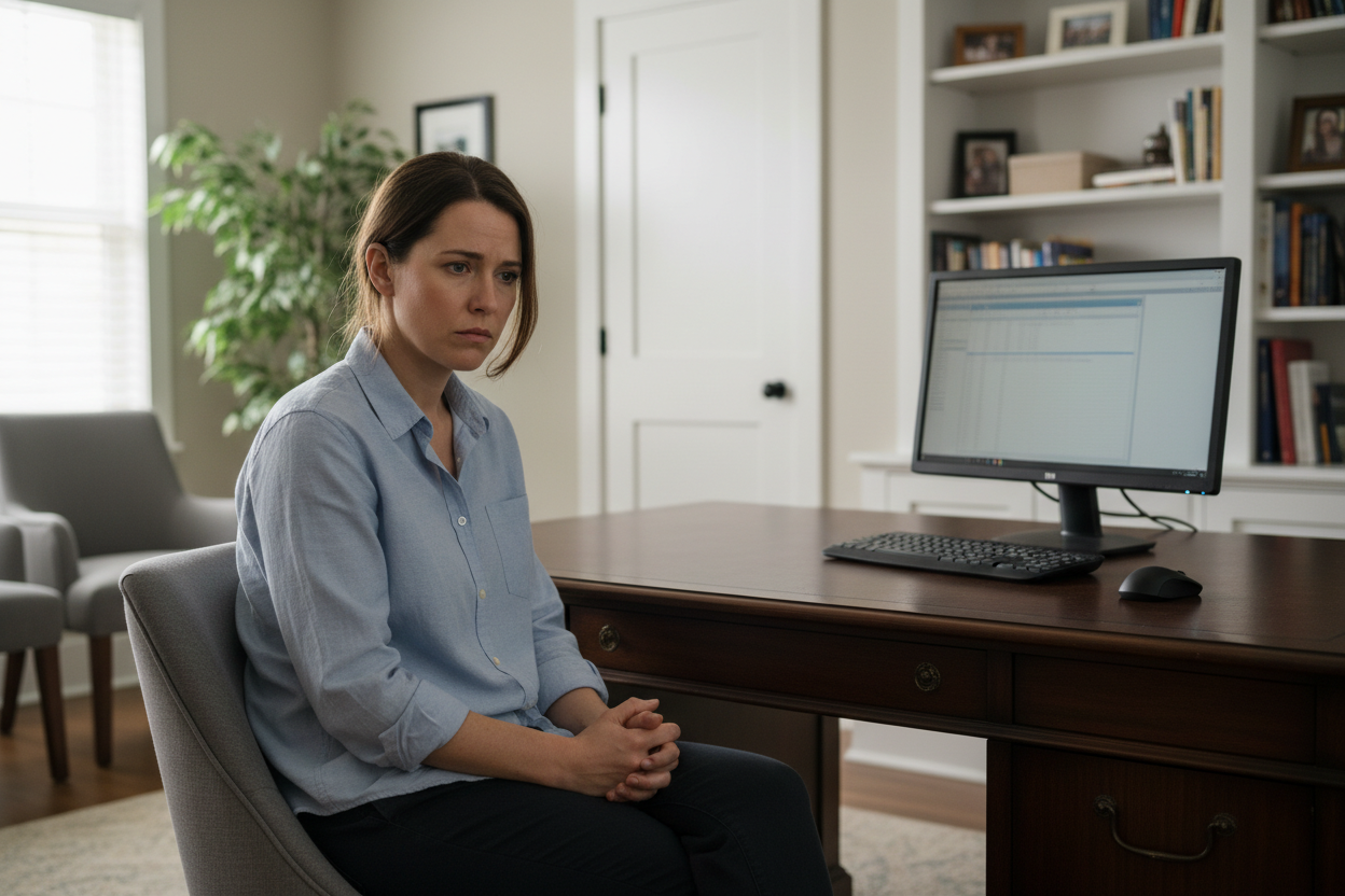 A woman is sitting at her desk in her home office. There is no phone in the picture. She seems to have some anxiety and instead of looking at her computer, she is looking a closed door in the background 